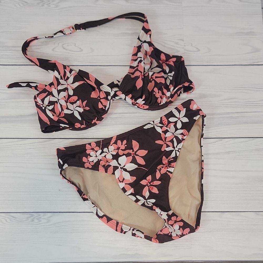 Victoria's Secret Floral Bikini Set - Brown and Pink Womens Size 38DD bottoms M